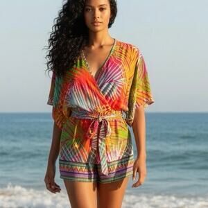 White Birch Romper Tropical beach resort wear Kimono sleeves size L